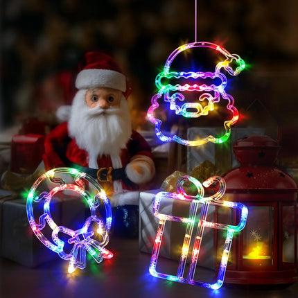 LOLStar Christmas Decorations, 3 Pack Multicoloured Wreath, Box, Santa Claus Christmas Window Lights, 8 Flashing Modes USB Powered Curtain Lights for Year, Indoor, , Party Supplies