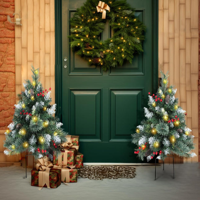 Small Outdoor Christmas Tree for Porch - Set of 2 Prelit Holiday Decor, Battery Operated Xmas Tree with Lights for Front Porch, Pathway, 2.5FT Partial Flocked Tree