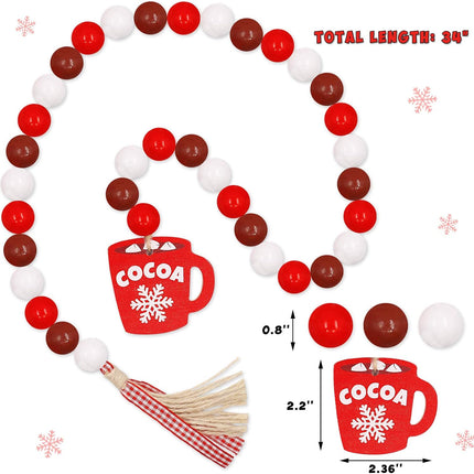 Hot Cocoa Wood Bead Garland Decorations Farmhouse Christmas Holiday Tiered Tray Decor Hot Chocolate Marshmallow Rustic Wooden Beads with Red Plaid Tassels Winter Year Ornaments