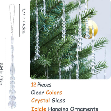 12pcs Crystal Icicle Christmas Tree Ornaments, Glass Beads Hanging Chandelier Pendants for Christmas Party Wedding Winter Decorations (White Clear)
