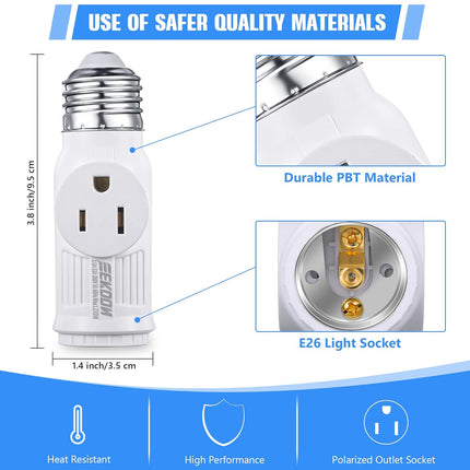 Feekoon 1 Pcs 3 Prong Light Socket Adapter, E26 Light Bulb Outlet Adapter, Polarized Light Socket to Plug Adapter, Light Bulb to 2/3 Prong Outlet Plug Splitter Converter for Garage Porch (White)