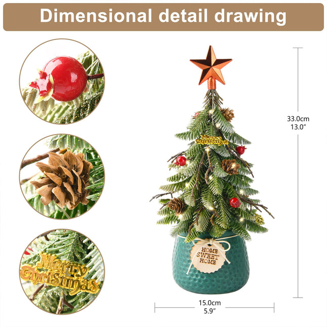Mini Tabletop Christmas Tree, 14 Inch Artificial Small Xmas Tree with Red Berry, Pine Cone, Fake Greenery for Table Top Office Desk Classroom Room Holiday Christmas Decor(Red Star)