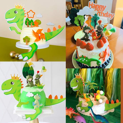 Dinosaur Cake Toppers Kit- Set of 20 - Dinosaur Body Cake Decor, Dinosaurs, Trees, Clouds, Leaf, Grass, Balloon and Happy Birthday Cake Topper