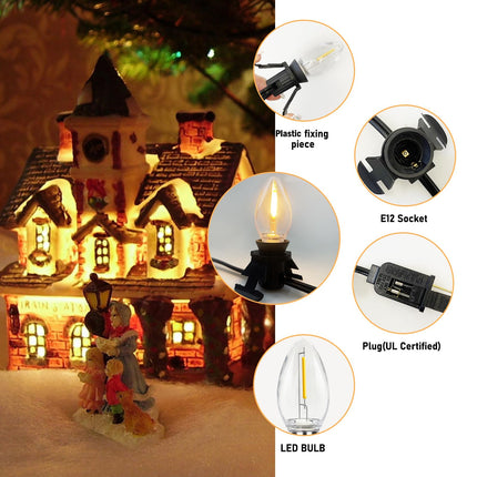 Christmas Village House Accessories Cord with 5 LED Light Bulbs, 9.5FT Christmas Blow Mode Light, Connectable C7 Bulb Clip Lights for Craft Village Halloween Pumpkin Christmas House Decoration, Black
