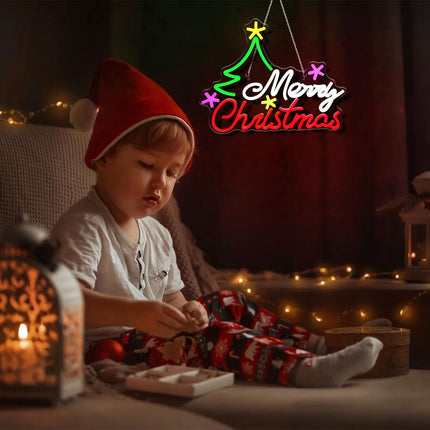 Merry Christmas Neon Sign Dimmable Christmas Tree Neon Signs Vibrant LED Christmas Neon Light up Sign for Wall Decor Window Man Cave Bedroom Wedding Bar Party Year, USB Powered