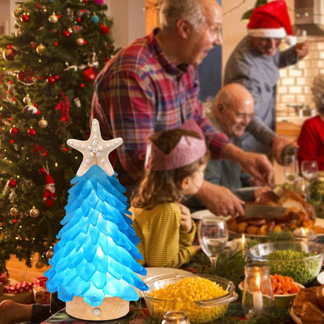 Sea Glass Christmas Tree,8.6 inches Mini Christmas Tree with Lights,Beach Nautical Themed Seaglass Christmas Tree for Table top, Christmas Decorations Indoor,Blue Christmas Tree