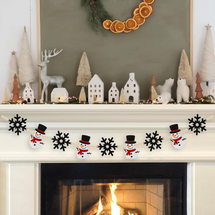 6Ft Christmas Winter Garland - Winter Snowman & Black Snowflake Felt with Wood Beads - Festive Holiday Decor for Mantle, Wall, Tree - Perfect for Indoor Christmas Decorations & Celebrations