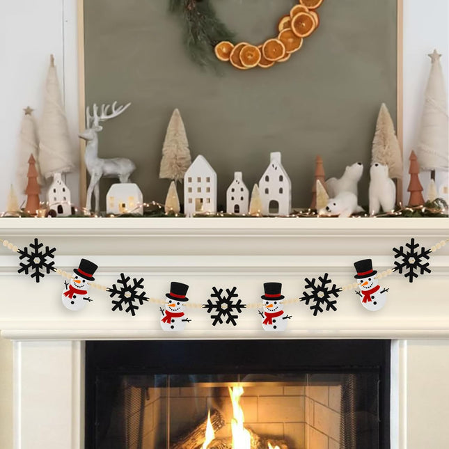 6Ft Christmas Winter Garland - Winter Snowman & Black Snowflake Felt with Wood Beads - Festive Holiday Decor for Mantle, Wall, Tree - Perfect for Indoor Christmas Decorations & Celebrations
