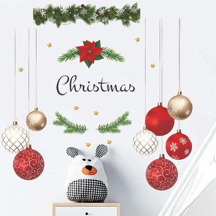Christmas Wall Decals Hanging Ball Window Wall Stickers Decorations, Golden Star Red Hanging Balloon Wreath Wall Decor Posters Vinyl Removable Xmas Decals Party Supplies