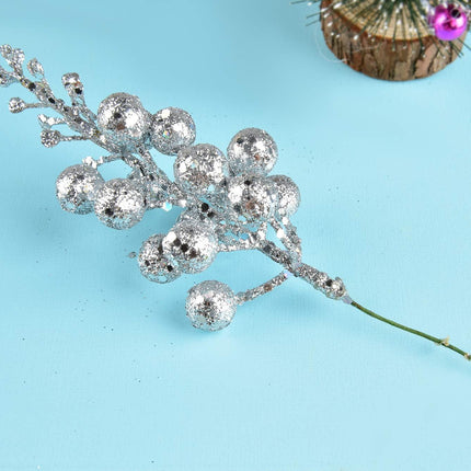 DearHouse 14 Pack Christmas Glitter Berries Stems, 7.8Inch Silver Artificial Christmas Picks for Christmas Tree Ornaments, DIY Xmas Wreath, Crafts, Holiday and Home Decor