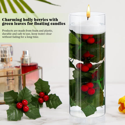 100 Pieces Christmas Holly Berries for Crafts Faux Berry Flowers Holly Leaves and Berries Christmas Wreath Fillers for Christmas Vase Fillers Floating Candle Table Centerpiece