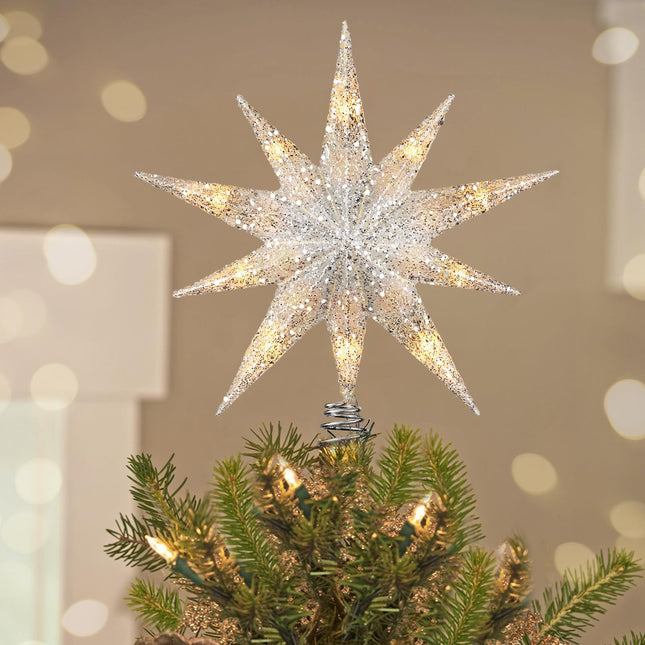 Luxspire Christmas Tree Topper, Lighted Star Tree Topper with USB Plug-in & Remote Control, 9.8" LED Metal Christmas Decorations Light, Xmas Tree Vintage Modern Ornament for Home Party, Silver