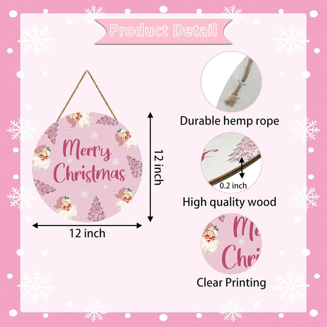 Pink Christmas Decor Christmas Door Decor Pink Christmas Tree Hanging Wall Decor Christmas Door Hanger Wooden Merry Christmas Door Sign for Front Door Porch Wall Indoor Home Decor