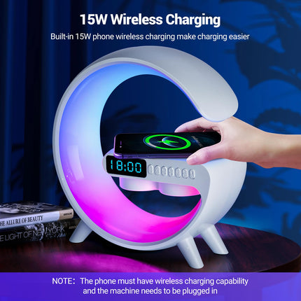 Wireless Charging Atmosphere Table Lamp with Bluetooth Speaker Alarm Clock Night Light 15W Wireless Charger Speaker for Bedside Lamp Desk Clock Sound Machine Ambient Lighting for Christmas