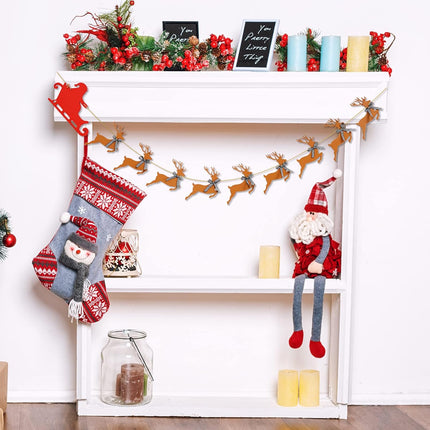 Whaline Wooden Christmas Banner Santa Sleigh and Reindeer Wood Banner Pre-Assembled Rustic Bunting Garland Sign Celebration Hanging Decorations for Xmas Party Supplies Home Decoration
