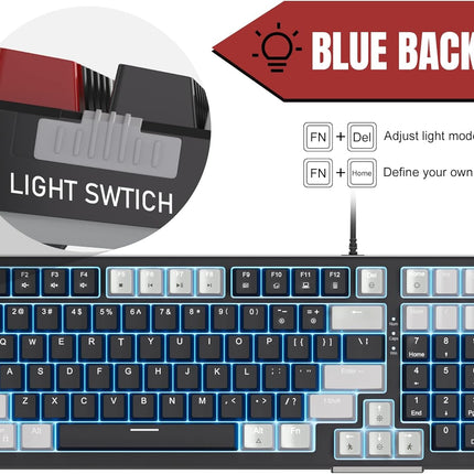 Mechanical Gaming Keyboard, Clicky Blue Switches Gaming Keyboard,Wired Mechanical Keyboard with LED Backlit, Ergonomic Keyboard with Num Pad for Gaming,Office,Work,PC,Laptop,Mac,Windows(black&grey)