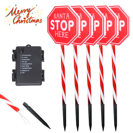 Christmas Santa Stop Here Garden Stakes 5 Packs Battery Christmas Yard Sign with LED Lights Waterproof Xmas Outdoor Decorations for Garden Lawn Pathway