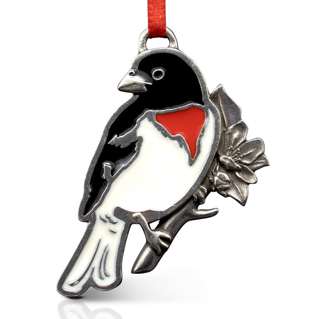 DANFORTH - Rose Breasted Grosbeak Ornament, Decorative Black, White and Red Bird, Hanging Pewter Christmas Tree Accessory, Colorful Bird Collectors for Parents, Made in USA, 2” High by 1” Wide