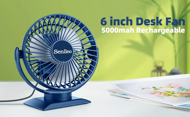 6 Inch Rechargeable Desk Fan, 5000Mah Portable Battery Fan, 3 Speeds, 720° Rotation, 830Hours Work, Removable Fan Cover, Battery