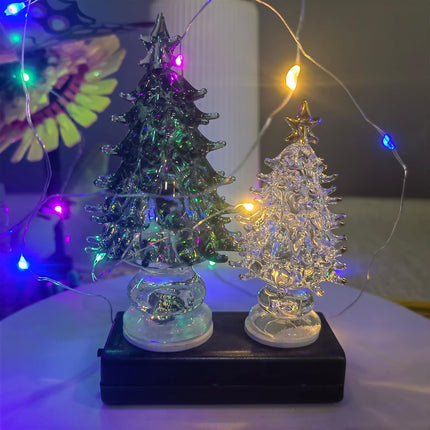 Crystal Christmas Tree Figurines with LED Light Wire, Glass Christmas Tree Figurine Home Decor, 2PCS Christmas Tree Statues Decor for Bedroom (Green+White)