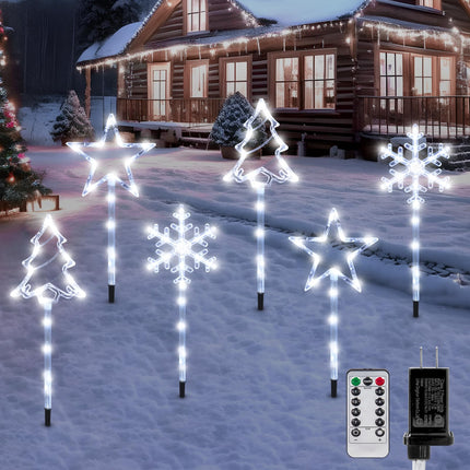 6 Pack Plug in Christmas Pathway Lights Outdoor Decorations with Timer,8 Modes White Xmas Snowflake Tree Star Waterproof Led Garden Stake Lights for Walkway Yard Lawn Porch Holiday Decor