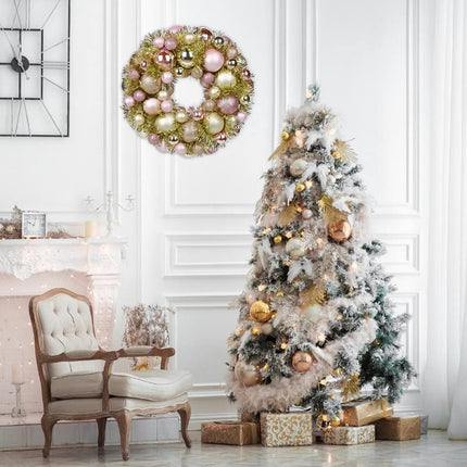 Christmas Ball Wreath 13" Xmas Wreaths Ornaments Glitter Thicken Shatterproof Garland Decoration for Door Wall Mantel Holiday Party Decor, Champagne Gold & Pink