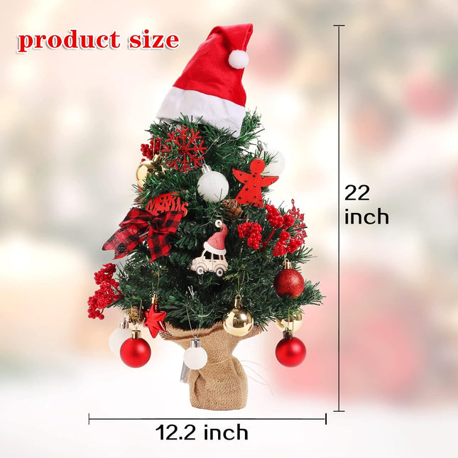 BSTCRAFT Mini Christmas Tree, 22 inches, Green, Artificial Tree with Lights, Santa Christmas Hat, Mini Christmas Ornaments for Tabletop Decorations