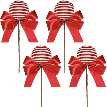 Large Lollipop Candy Picks Set of 4 Striped Peppermint Sprays Christmas Tree Stems Decorations Sticks with Ribbon Bows Xmas Tree Topper Home Vase Filler Wreath DIY Crafts Party Supplies (Red White)