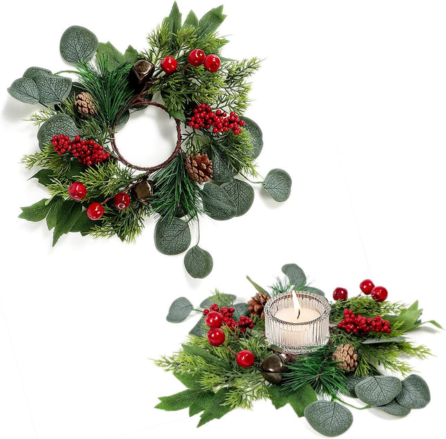 Set of 2 Artificial Christmas Candle Rings with Eucalyptus Berry Pine Branch Pine Cones and Vintage Bells Mini Wreaths for Christmas Centerpiece Cabinet Front Door Window Seasonal Decoration (2, Red)