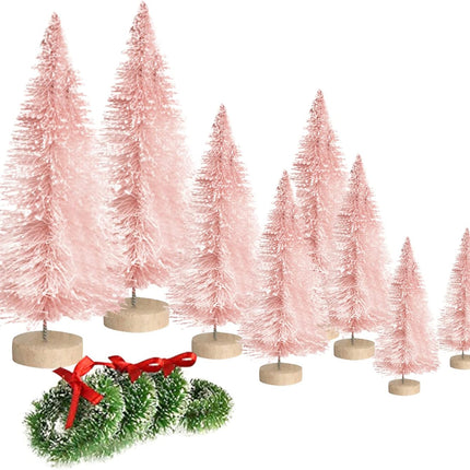 Jlong 8PCS Artificial Mini Christmas Trees, Bottle Brush Trees with Wood Base, Artificial Frosted Sisal Xmas Tree, DIY Crafts Mini Pine Tree for Christmas Party Home Table Top Decor Winter Ornaments