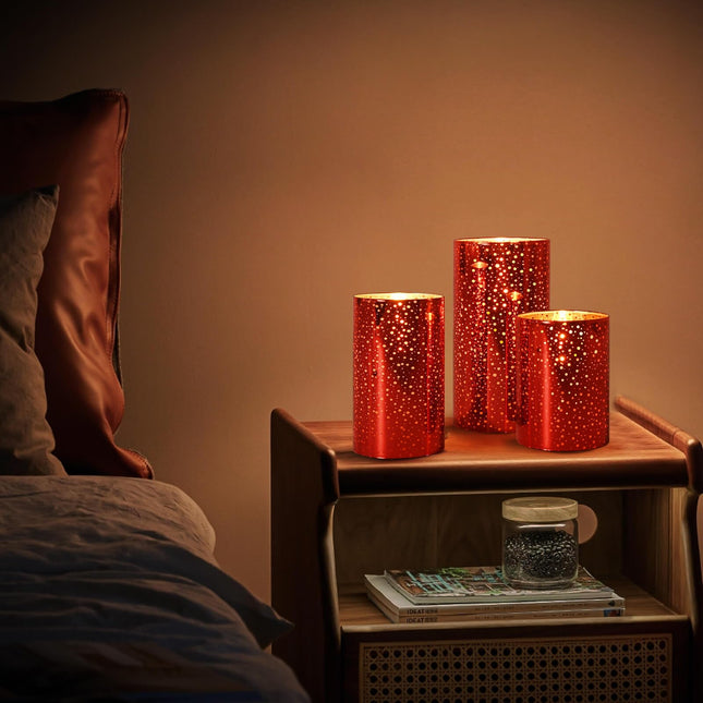 Flameless Flickering Candles with Remote Control and Timer, Battery Operated Real Wax Led Candles with Glass Pillar, Red Christmas Candles for Halloween, Holidays (AA Batteries Included)