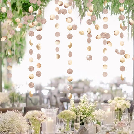 Decor365 Glitter Champagne Gold Decorations Paper Circle Dots Garland Party Streamers Bunting Backdrop Hanging Decor Banner/Wedding/Bachelorette/Bridal Shower/Christmas/ Year/Home/Engagement/
