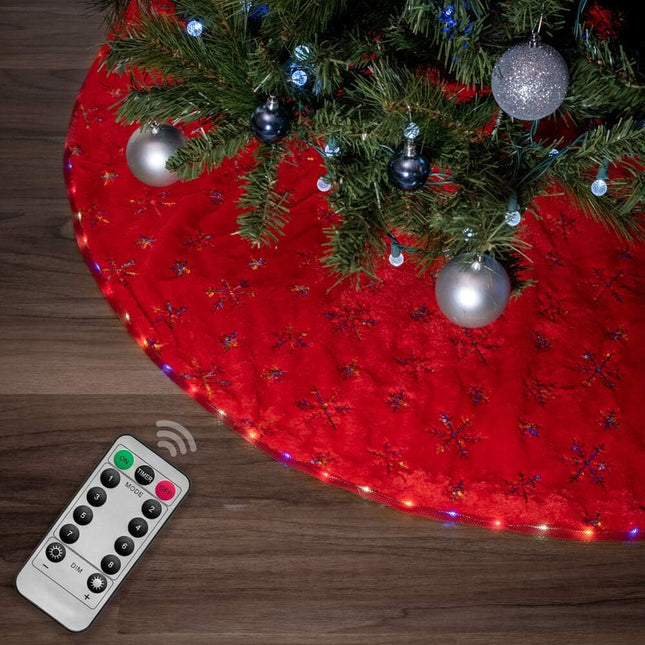 with Programmable LED Lights - 55inch Red Faux Fur & Rainbow Sequin Snowflake Patterns & Controller for Christmas Tree Decoration