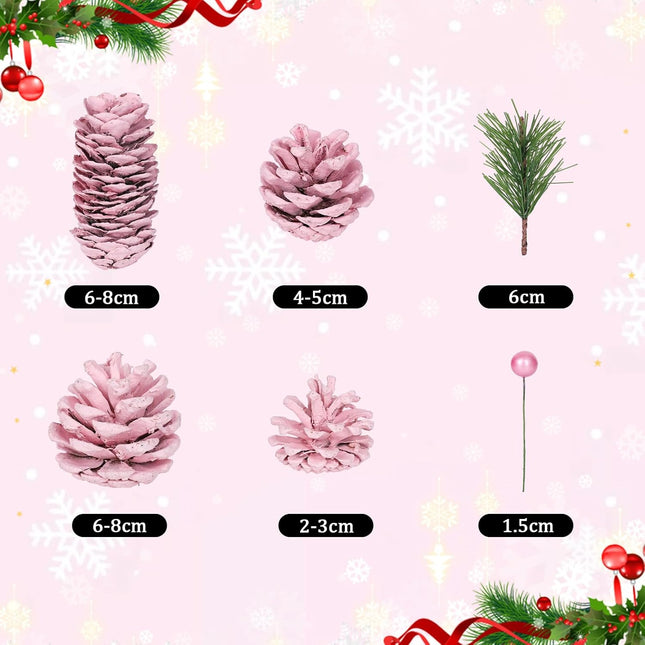 Whaline 170Pcs Christmas Pine Cone Berry Pine Branch Set Pinecone Pendant Pink Winter Ornament for DIY Craft Home Decor Xmas Tree Tag Party Supplies, Assorted Sizes