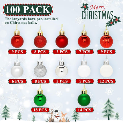 100 Pcs Mini Christmas Ball Ornaments Set, 1.18'' Red Green and White Small Shatterproof Xmas Tree Ornament Hanging Ball Bulk Decorations for Holiday Party, Wreath, Garland, Winter Decor