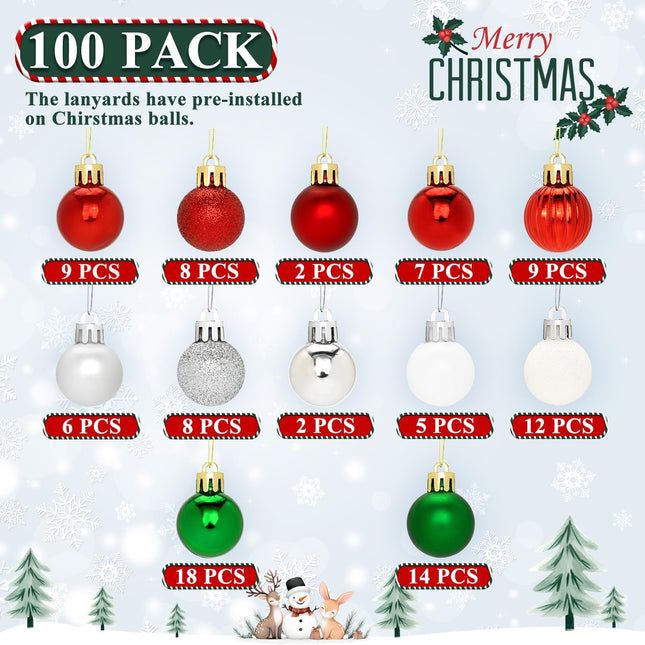 100 Pcs Mini Christmas Ball Ornaments Set, 1.18'' Red Green and White Small Shatterproof Xmas Tree Ornament Hanging Ball Bulk Decorations for Holiday Party, Wreath, Garland, Winter Decor