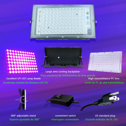 100W LED UV Black Light, Powerful UV Spotlight, IP66, 395nm UV Lamp for Christmas, Halloween Glow Party(2 Packs)