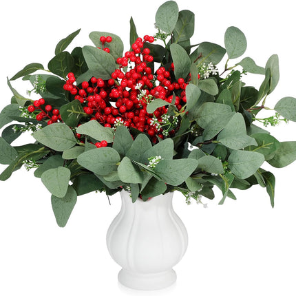 Ceenna 60 Pcs Christmas Artificial Pine Branches Fake Pine Picks Leaves Christmas Greenery Stems Evergreen Berry Stems Set for DIY Craft Garland Flower Christmas(Eucalyptus,13.2 Inch)