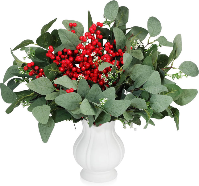 Ceenna 60 Pcs Christmas Artificial Pine Branches Fake Pine Picks Leaves Christmas Greenery Stems Evergreen Berry Stems Set for DIY Craft Garland Flower Christmas(Eucalyptus,13.2 Inch)