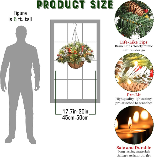 Christmas Decorations Artificial Christmas Hanging Basket, Decorated with Berry Clusters, 30 LED String Lights, Christmas Decorations for Front Porch Garden Patio Outdoor Xmas Decor, 20 Inches