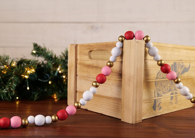 One Holiday Way 9-Foot Rustic Red, Pink, White and Gold Wood Bead Garland Christmas Tree Decoration - Decorative Vintage Wooden Beads for Everyday Chic Winter Valentines Farmhouse Xmas Home Decor