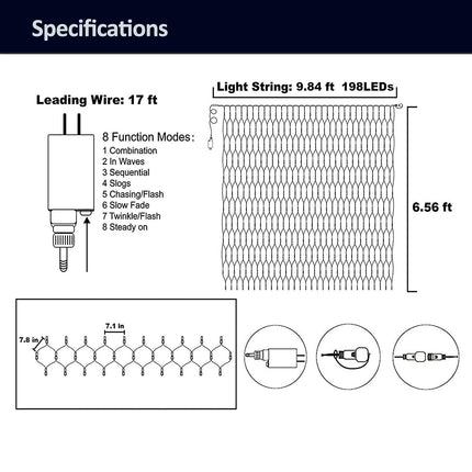 weillsnow 198 Led 9.8ft x 6.6ft Outdoor Net Lights, Connectable 8 Lighting Twinkle Modes Mesh Lights for Christmas Outdoor Patio Garden Bush Fence Decorations (Warm White)
