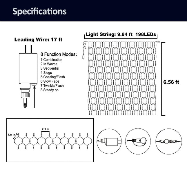 weillsnow 198 Led 9.8ft x 6.6ft Outdoor Net Lights, Connectable 8 Lighting Twinkle Modes Mesh Lights for Christmas Outdoor Patio Garden Bush Fence Decorations (Warm White)