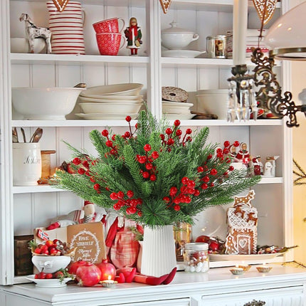 60 PCS Artificial Pine Branches Christmas Faux Pine Greenery Stems Red Holly Berries Fake Cedar Pine Needles Picks for Christmas Tree Wreath Garland DIY Crafts Holiday Home Decoration