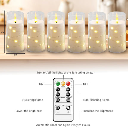 Flickering Flameless Candles with Remote, 6pcs Battery Operated Candles with Embedded String Lights, LED Electric Candles Acrylic Pillar Candles D3 H6, White
