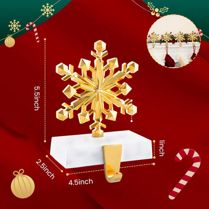 Snowflake Christmas Stocking Holders Set of 4 Gold, Xmas Stocking Holders for Mantle, Mantel Fireplace Topper Stand Hooks, Stockings Hangers