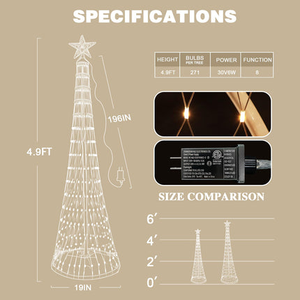 Fanshunlite Christmas Cone Tree Lights, LED Artificial Tree with 8 Modes Light Show, Decor for Porch Garden Patio Indoor Outdoor House Yard Xmas Decorations, 271 LED Warm White 5FT