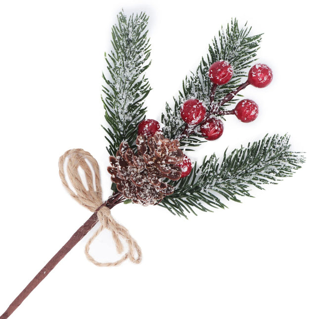 10PCS Artificial Christmas Picks Red Berry Stems Faux Snow Frosted Pine Branches Holly Spray with Bow-knot Pinecone for Xmas Tree Flower Arrangement Wreath Winter Holiday Season Décor (Red, 10)