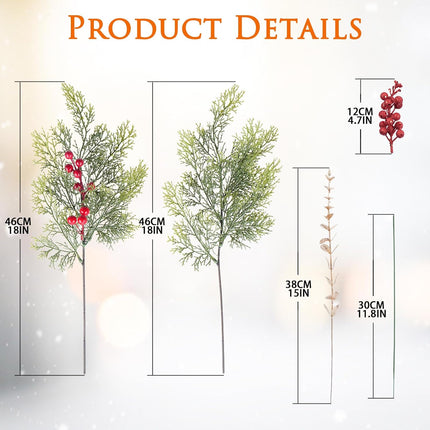 23 Pcs Christmas Artificial Pine Branches with Red Berry Stems, 14" Christmas Tree Branches, Christmas Artificial Flowers for Christmas Tree Wreath Garland DIY Crafts Holiday Home Decoration