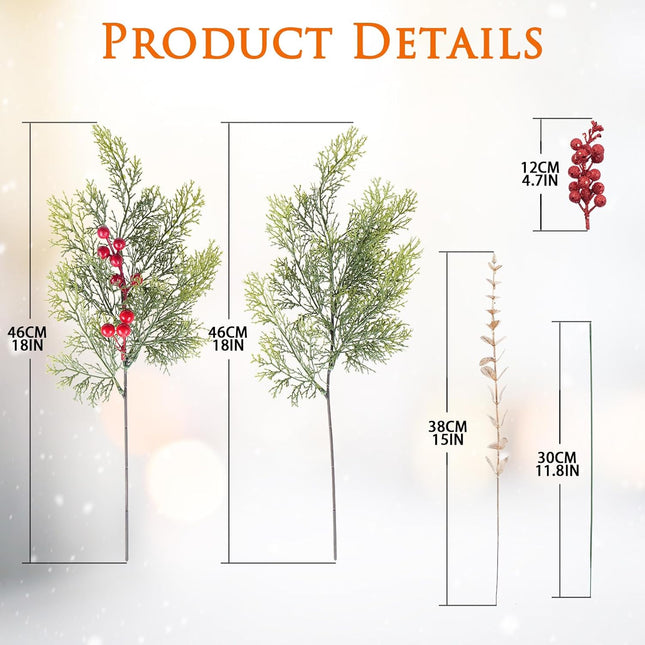 23 Pcs Christmas Artificial Pine Branches with Red Berry Stems, 14" Christmas Tree Branches, Christmas Artificial Flowers for Christmas Tree Wreath Garland DIY Crafts Holiday Home Decoration